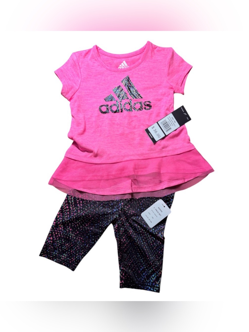 🔥 $36 adidas Baby Girls 2-Piece Shirt/Skirt Set With Pants Bright Pink Sz 12M